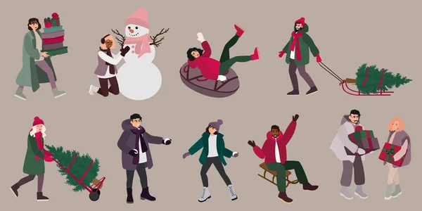 Gente Navideña Establece Vacaciones Preparando Regalos Para Navidad Decorando Árbol Ilustración de stock