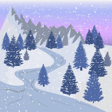 Köknar ağaçları ve dağları olan bir kış nehrinin vektör çizimi