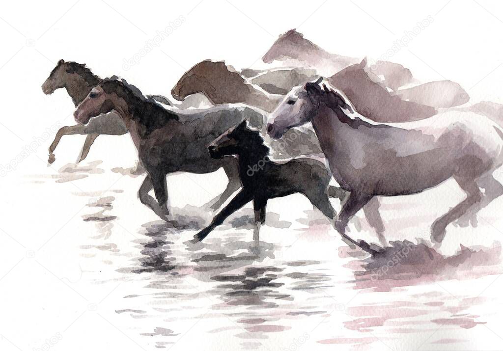 Delicate watercolor in a narrow range of colors: a herd of horses galloping through water. Horses painted with water and sun. 