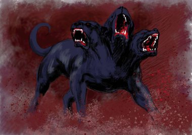 Dijital Grafikler. Efsanevi üç başlı köpek Cerberus Hades 'in girişini savunur..