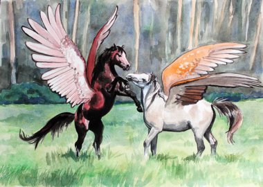 Açıklıkta iki pegasus. Hassas suluboya. Bir pegasus kahverengi, diğeri beyaz.. 
