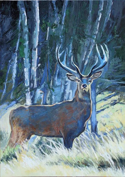 Cerfs Lisière Forêt Printemps Peinture Huile Sur Toile Dans Les — Photo