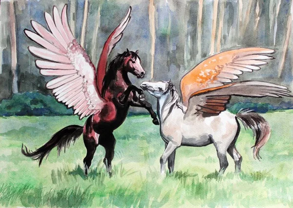 Twee Pegasus Een Open Plek Delicate Aquarel Ene Pegasus Bruin — Stockfoto