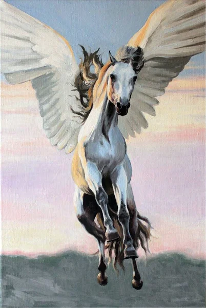 Oljemålning Vit Pegasus Svävar Genom Luften Vid Soluppgången Symbol För — Stockfoto