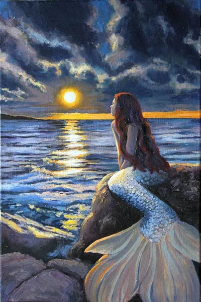 Pintura Representa Una Hermosa Sirena Pelo Largo Que Salió Del —  Fotos de Stock