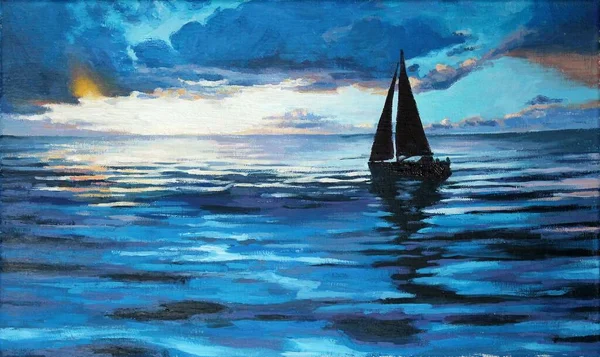 Segelbåt Seglar Ett Lugnt Hav Vid Solnedgången Oljemålning Duk — Stockfoto