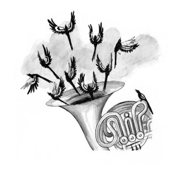 Doğanın müziği ve sesleri. Kuşlar, müziğin güzelliği ve özgürlüğünün bir sembolü olarak Fransız kornosundan (rüzgar enstrümanı) uçarlar. İnce kalem ve sulandırılmış boyayla yapılmış bir resim. Grafik tek renkli.. 