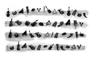 Müzik aletleri nota yerine sazlıkta. El yapımı tasarım monokrom. İnce bir kalem ve siyah bir boyayla yapıldı..