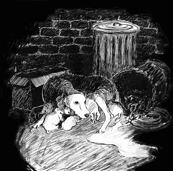 Homeless dog family. The bitch sparred by the rubbish bins. She feeds the babies and protects them by nestling them under her. What will happen to them? Black and white drawing in thin pen.