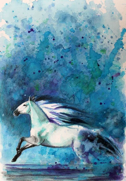 Vit Häst Som Springer Genom Vattnet Impressionistisk Akvarell Gjord Med — Stockfoto