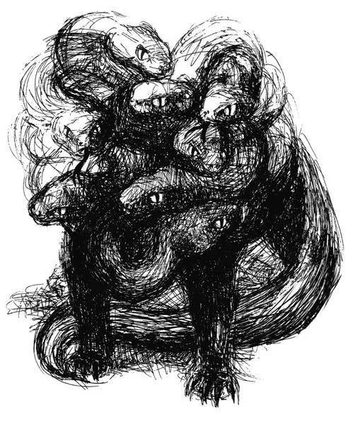 Lernerian hydra - a mythical monster with ten snake heads. A beast from Greek mythology. Illustration made with a pen. Black and white sketch. 
