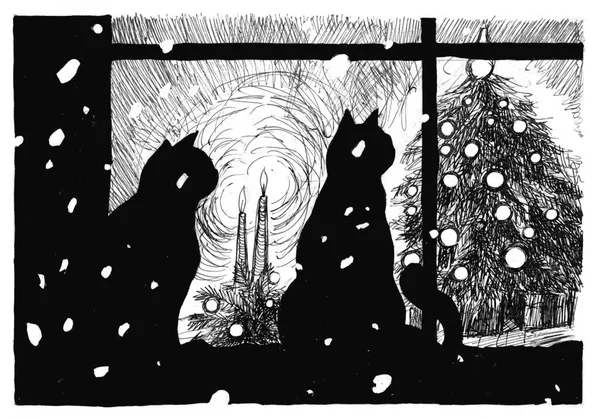 Christmas, handmade card, version with pets. Homeless cats look through the window at the Christmas tree. Let\'s not forget about pets during the holidays. Monochrome illustration made by hand.