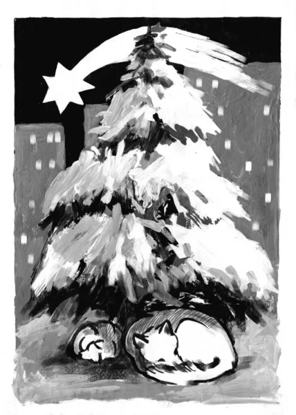 Christmas holiday, handmade card, animal version. Homeless dogs sleep under the Christmas tree. Let\'s not forget the pets at Christmas. Monochrome illustration made by hand.