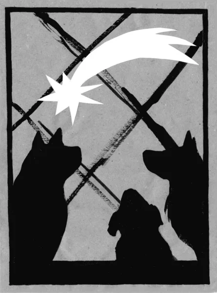 Christmas, handmade card, animal version. Homeless dogs at a shelter look at the star of Bethlehem. Let's not forget the animals during the holidays. Monochrome illustration made by hand.