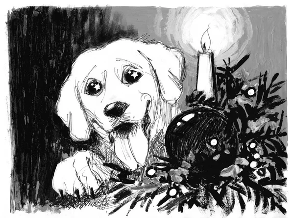 Christmas Handmade Card Version Pets Happy Dog Christmas Candle Monochrome — Stock Fotó