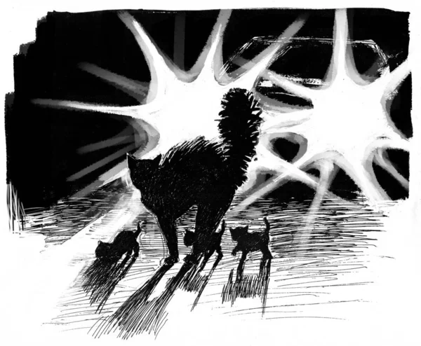 A cat with small kittens crosses the road, silhouetted by the lights of an oncoming car. It is night and the driver does not have time to brake. Watch out for animals on the road! Black and white pen drawing. Illustration made by hand.