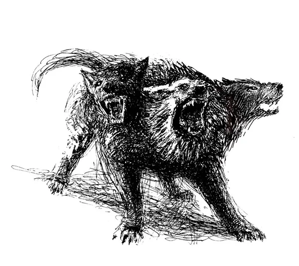 神話的な3頭のケルベロス犬 羽で作られた黒と白の表情豊かなイラスト — ストック写真