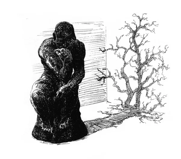 木の形をした影を投げかける思想家のロダンの彫刻 ペンで描いた黒と白のドローイング — ストック写真