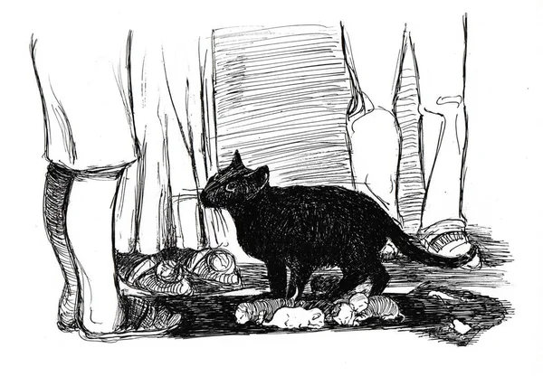 生まれたばかりの子猫を持つ黒い猫が彼女の周りの人々を見上げます ペンで描いた黒と白のイラスト 手描き — ストック写真