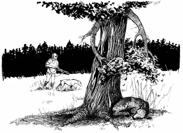 木は近づいてくるハンターから日陰で寝ている鹿を隠そうとします ペンと絵具で描いたモノクロームのイラスト 手作りの黒と白の図面 — ストック写真