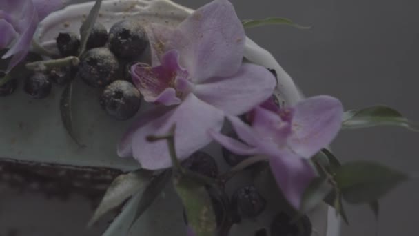 Köstliche geschnittene türkisfarbene Torte mit Blaubeeren, Orchideen auf einem Teller, s-log — Stockvideo
