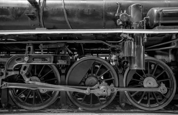 Rodas Fecho Preto Branco Dispositivo Acionamento Locomotiva Vapor Antiga — Fotografia de Stock