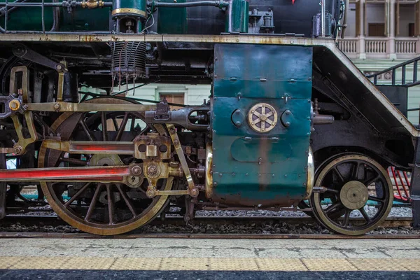 Rodas Close Dispositivo Acionamento Locomotiva Vapor Antiga — Fotografia de Stock