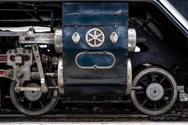 Rodas Close Dispositivo Acionamento Locomotiva Vapor Antiga — Fotografia de Stock