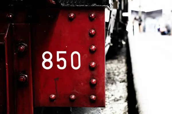 Closeup Serial Number Large Metal Front Steam Locomotive — Stock Photo, Image