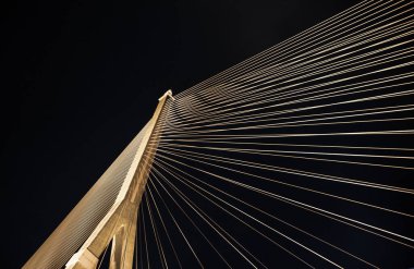 Kablolar gece parlak ışıklarla büyük bir köprüyü gerer. Karınca bakışı.