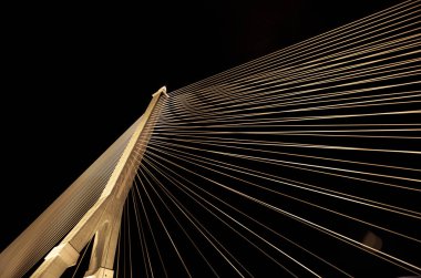 Kablolar gece parlak ışıklarla büyük bir köprüyü gerer. Karınca bakışı.
