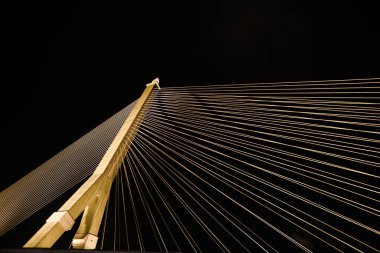 Kablolar gece parlak ışıklarla büyük bir köprüyü gerer. Karınca bakışı.