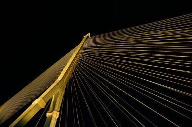 Kablolar gece parlak ışıklarla büyük bir köprüyü gerer. Karınca bakışı.