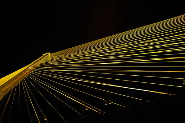Kablolar gece parlak ışıklarla büyük bir köprüyü gerer. Karınca bakışı.