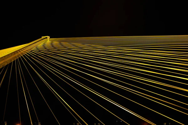 Kablolar gece parlak ışıklarla büyük bir köprüyü gerer. Karınca bakışı.