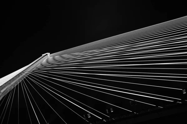 Чорно Білі Дротяні Мотузки Розтягують Великий Міст Яскравими Вогнями Вночі — стокове фото