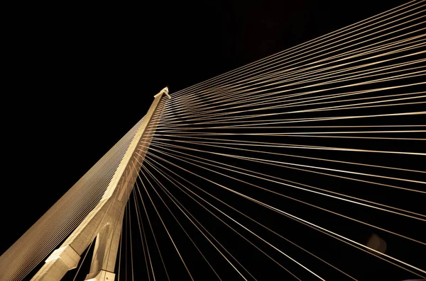 Kablolar gece parlak ışıklarla büyük bir köprüyü gerer. Karınca bakışı.
