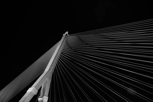 Black and white Wire ropes stretch a large bridge with bright lights at night.Ant\'s eyes view