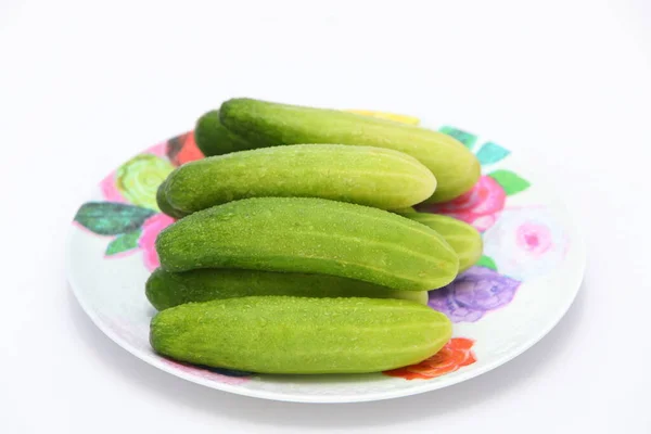 Closeup Fresh Cucumbers Plate Isolated White Background — Photo
