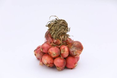 Beyaz arkaplanda bir grup Allium ascalonicum izole edildi