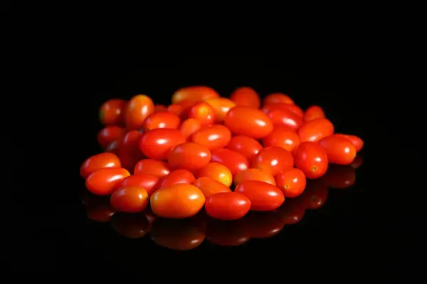 Group Fresh Small Red Tomatoes Dark Background Reflex — Stock Photo, Image