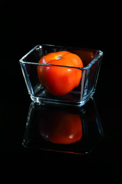 Fresh Red Tomato Glass Cup Dark Background Reflex — Stock Photo, Image