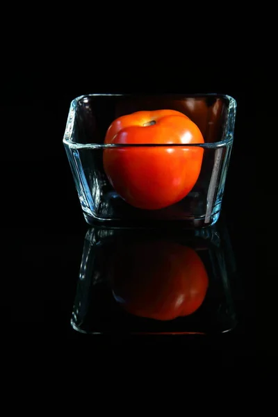 Fresh Red Tomato Glass Cup Dark Background Reflex — Stock Photo, Image