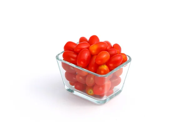 Group Fresh Red Tomatoes Glass Cup White Background — Stock Photo, Image