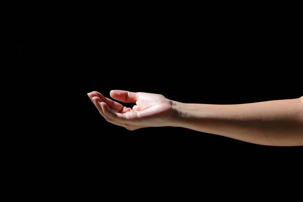 The girl's hands show various gestures on black background