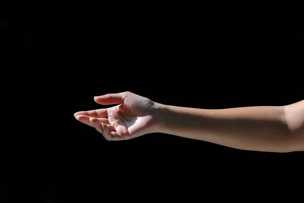 Руки Девушки Показывают Различные Жесты Черном Фоне — стоковое фото