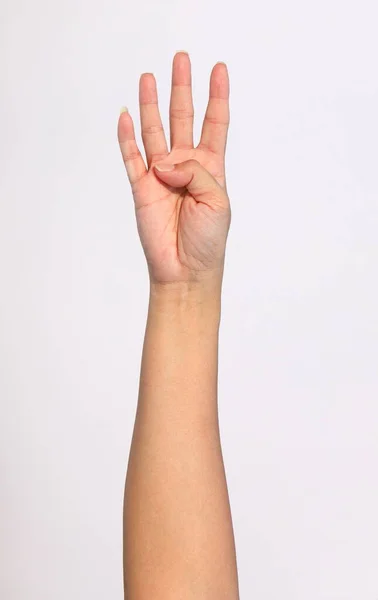 Ręce Dziewczyny Pokazują Różne Gesty Białym Tle — Zdjęcie stockowe