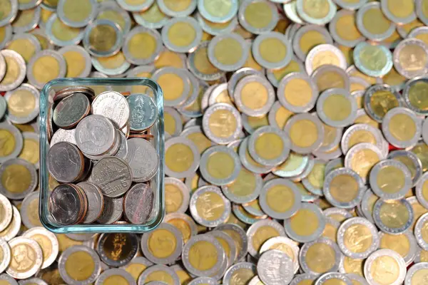 Thailand Five Baht Coin Cup Placed Pile Ten Baht Coins — Foto Stock