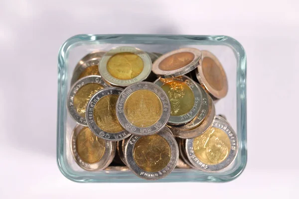 Thailand Five Baht Coin Cup Placed Pile Ten Baht Coins — 图库照片