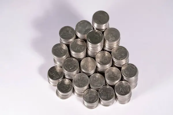 Pile Thailand One Baht Coins Placed Unequally Height View — Foto de Stock